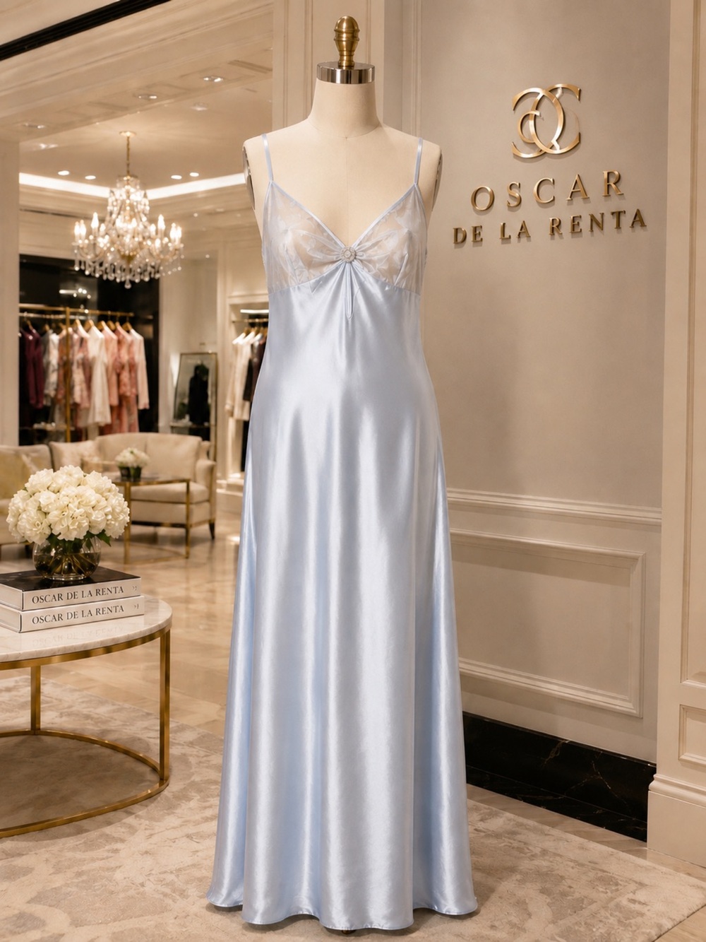 Oscar de la Renta Pale Blue Satin Lace-Trim Slip Gown